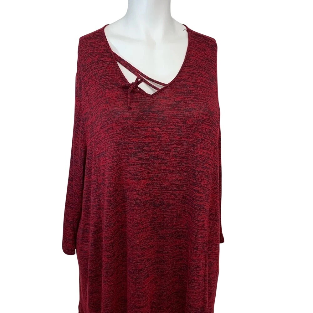 Catherines Blouse Red Print Knit 4X V Neck‎ Long Line Stretchy 3/4 Sleeve NEW